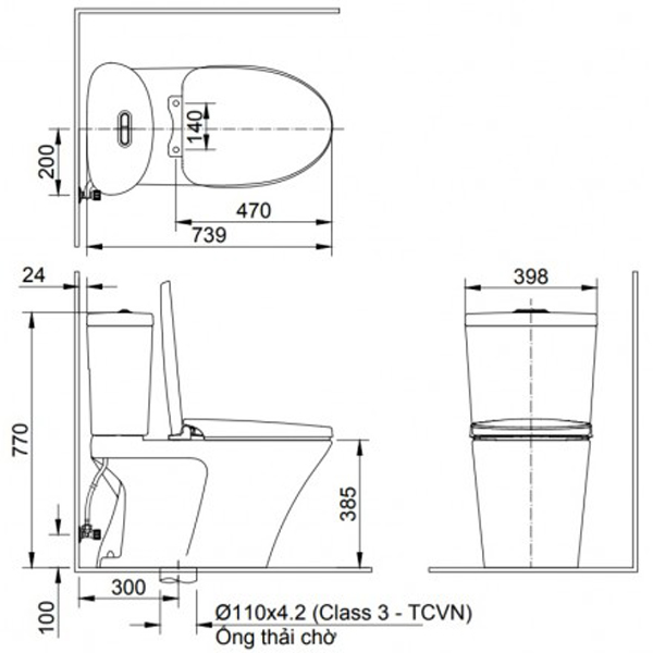Bản vẽ kỹ thuật Bồn cầu nắp rửa điện tử Inax AC-700A + CW-H17VN