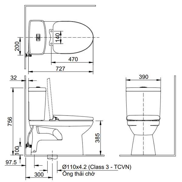 Bản vẽ kỹ thuật bồn cầu nắp rửa cơ Inax AC-504A+CW-S15VN 
