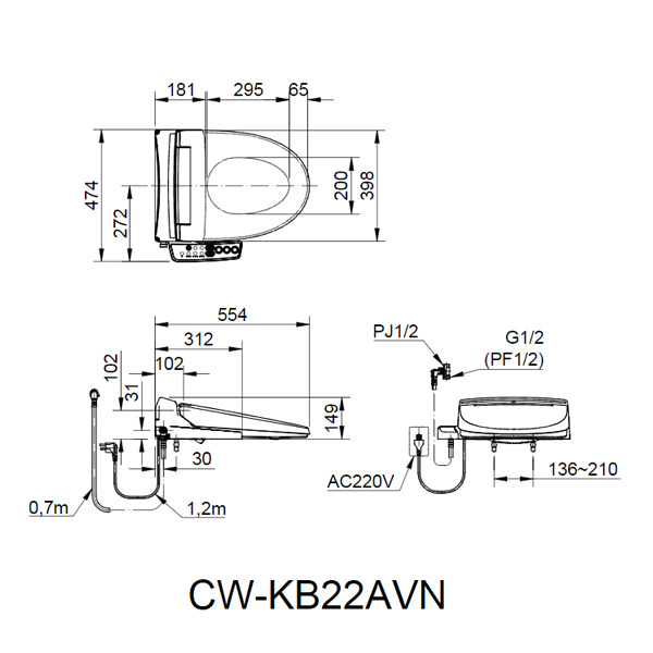 Bản vẽ kỹ thuật nắp bồn cầu điện tử Inax CW – KB22AVN