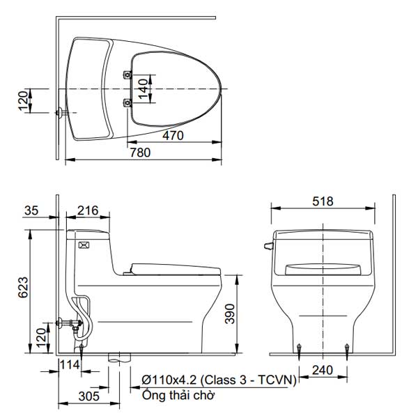 ​Bản vẽ kỹ thuật bồn cầu 2 khối Inax AC-4005+CW-S15VN