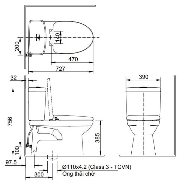 Bản vẽ kỹ thuật bồn cầu nắp rửa điện tử Inax C-504A+CW-H18VN